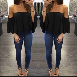 Black chiffon flowy off shoulder dressy boutique blouse top one size